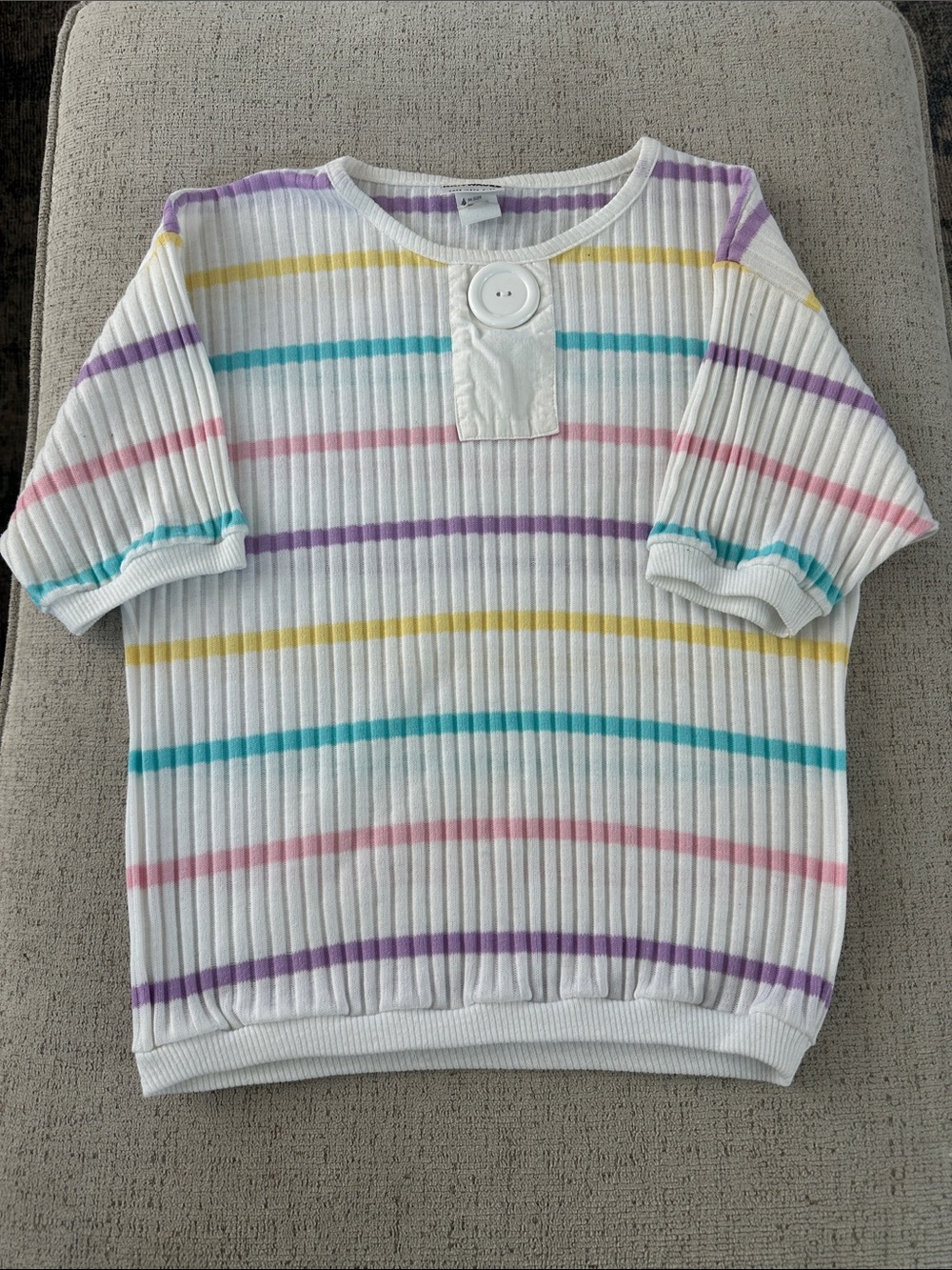 Vintage 80s/90s Knitwaves Pastel Rainbow Striped Ribbed Knit Polo Top - Size Med